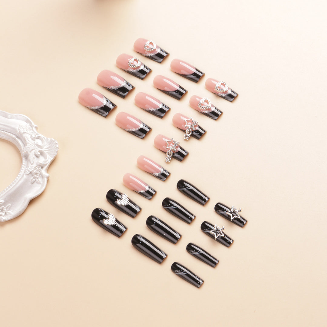 Artistic Long Press-On Nail Design with Rhinestone Accents Stornfield