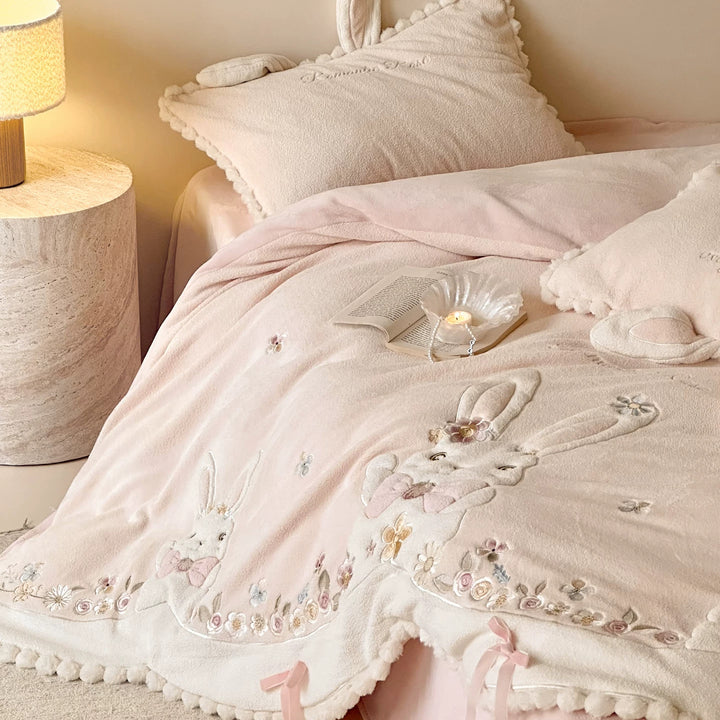Plush Quilted Bunny Appliqué Duvet Cover Set with Pom-Pom Trim