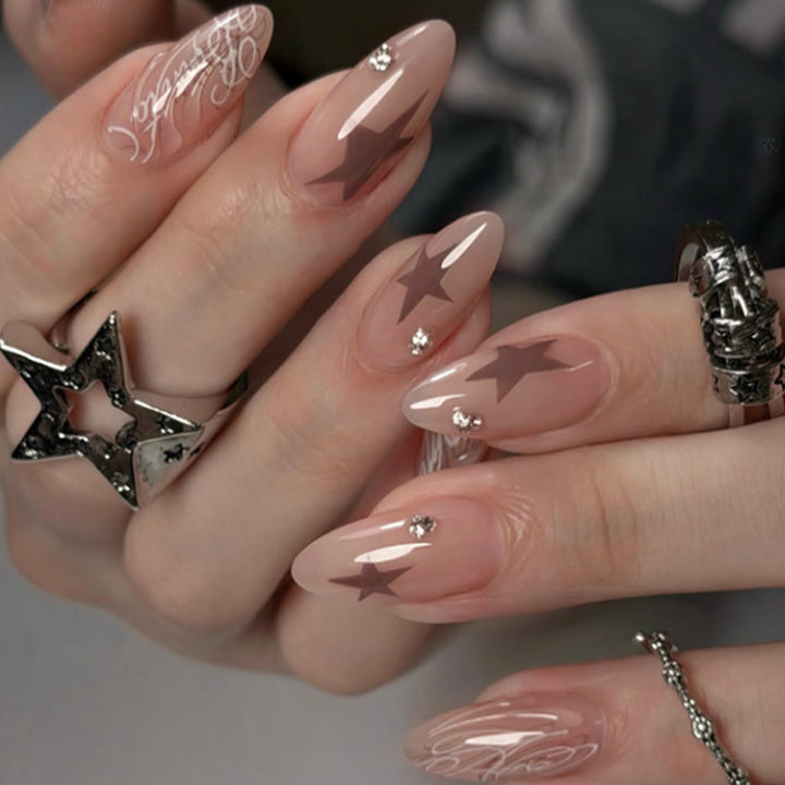 Artistic Press-On Nail Set with Star and Pearl Accents Stornfield