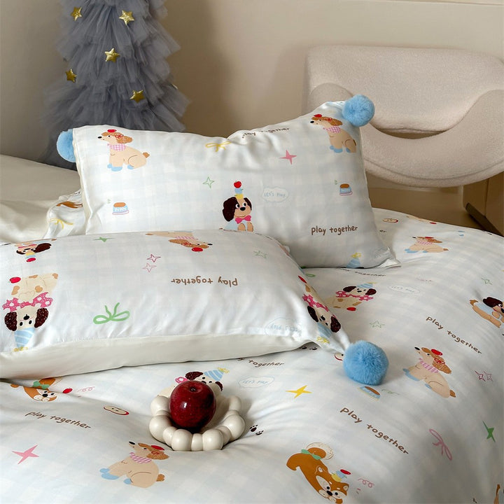 Children's bedding set with cute bunny & strawberry prints, reversible function and pom-pom cushion