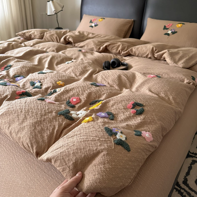 Textured Embroidered Floral Duvet Cover Set with Tufted Appliqué