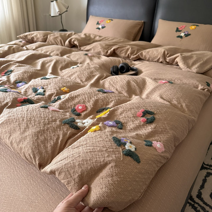 Textured Embroidered Floral Duvet Cover Set with Tufted Appliqué