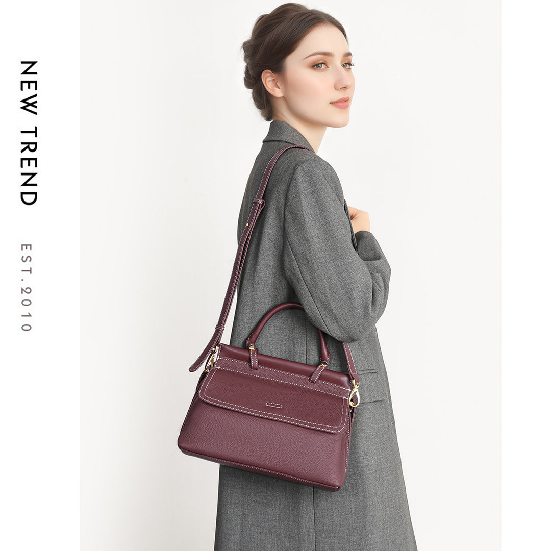 Top-Handle Pebbled Leather Satchel with Contrast Stitching