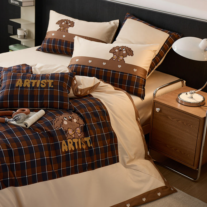 Plaid Cotton Sateen Duvet Cover Set with Embroidered Cartoon Dog and Matching Pillow Shams