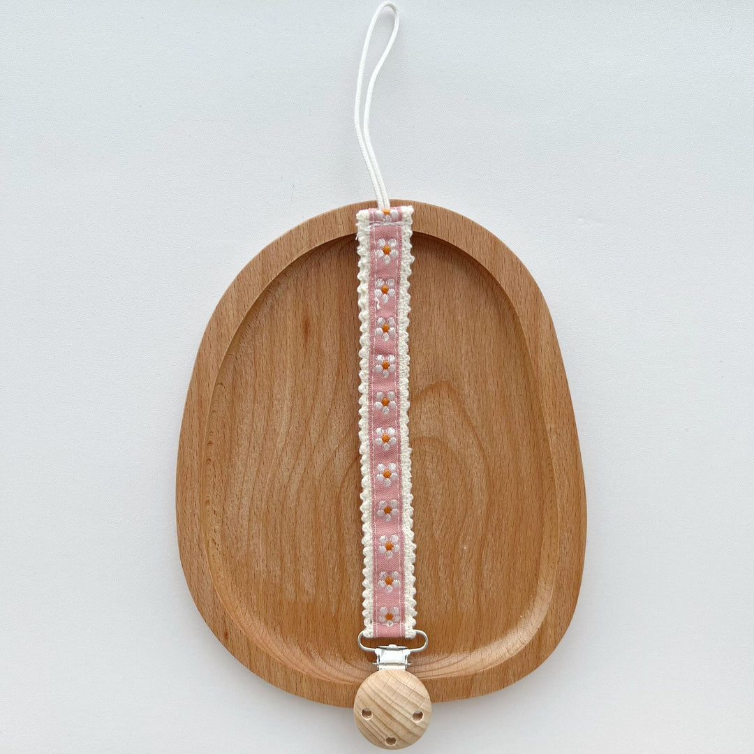 Natural Wooden Bead Pacifier Clip with Embroidered Cotton Lace Strap