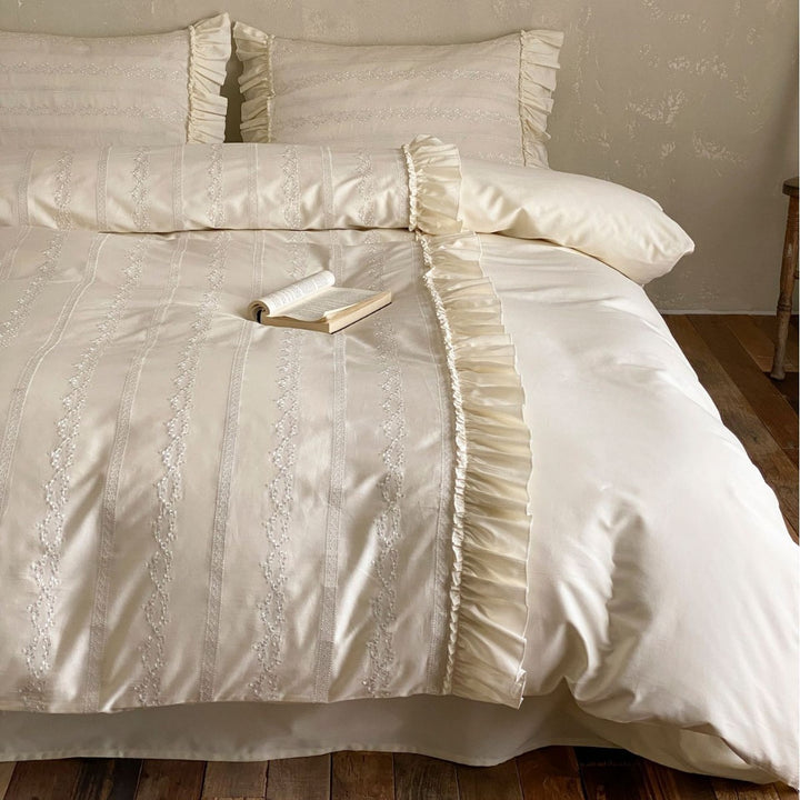 French-Inspired Ruffled Embroidered Cotton Sateen Duvet Cover Set with Pillow Shams