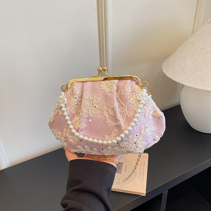Embroidered Clutch Handbag with Pearl Accents