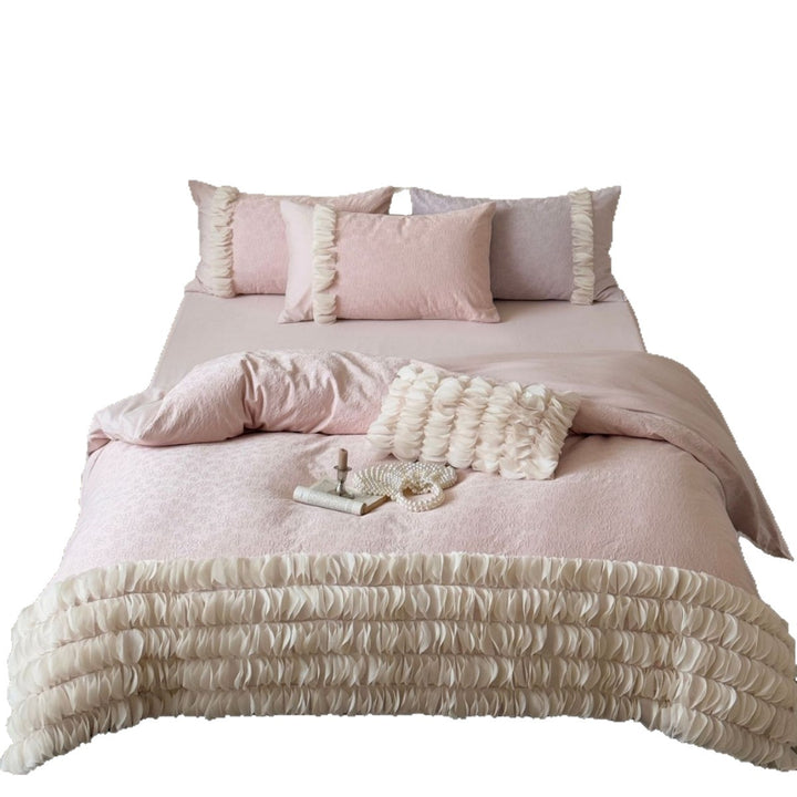 Romantic ruffle bedding set with layered frill and quilted bedspread