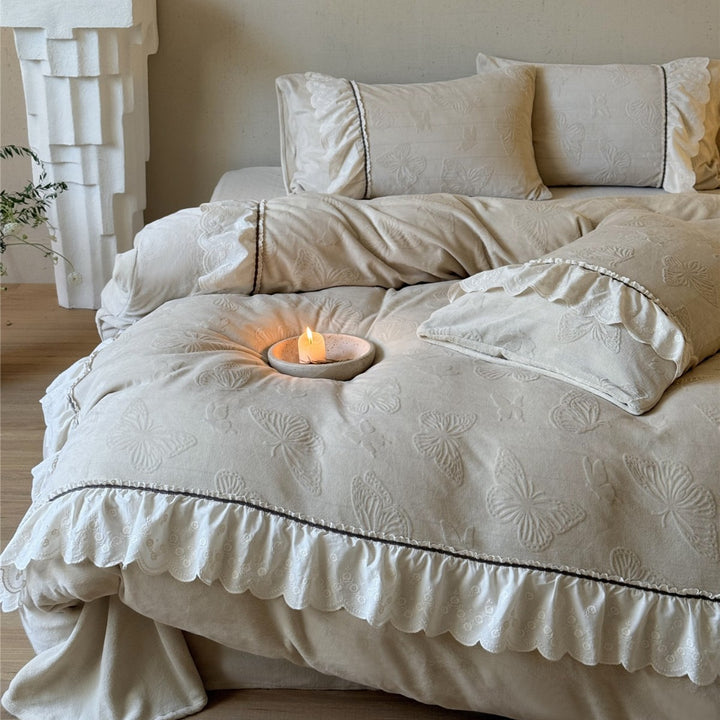 Embossed Butterfly Ruffled Comforter Duvet Cover Set