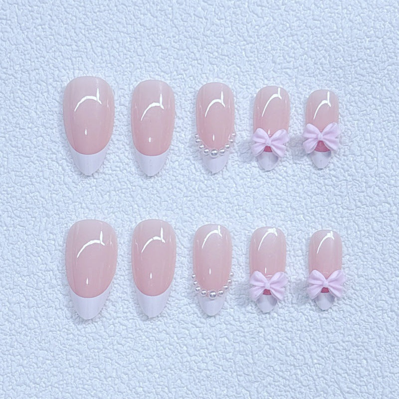 Elegant Artificial Nails with Bows and Pearl Design Stornfield