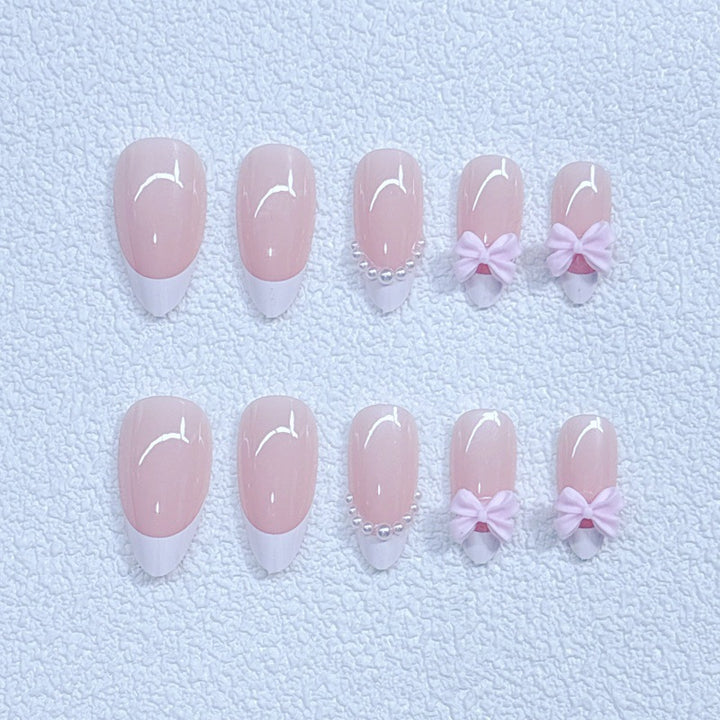 Elegant Artificial Nails with Bows and Pearl Design Stornfield