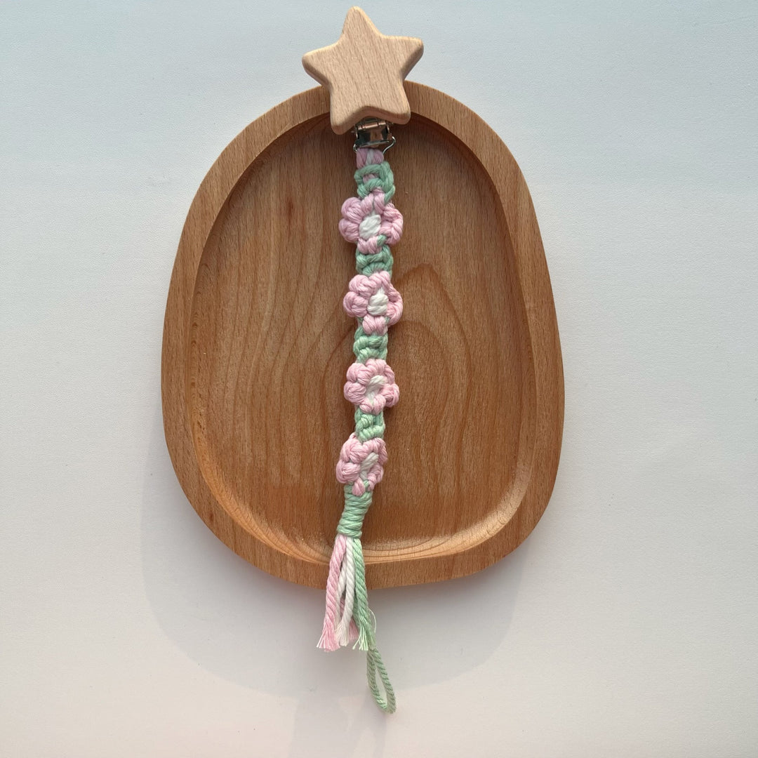 Cotton Crochet Floral Pacifier and Teether Clip with Wooden Heart Safety Clip
