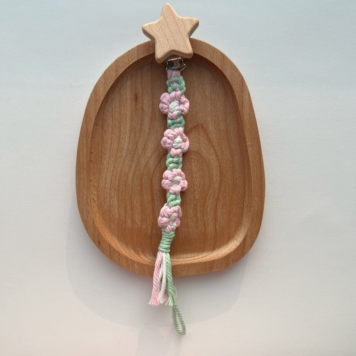 Cotton Crochet Floral Pacifier and Teether Clip with Wooden Heart Safety Clip