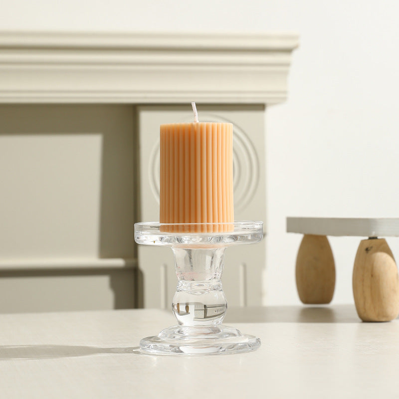 Ribbed Column Pillar Candle with Glass Pedestal Holder