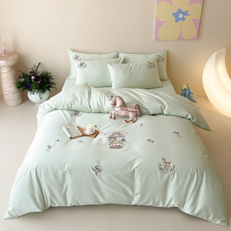 Children's Embroidered Carousel Cotton Duvet Cover Set with Pillow Shams
