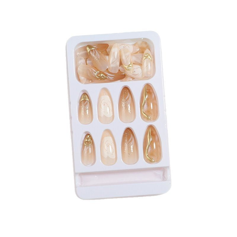 Artistic Press-On Nail Set with Gold and Floral Accents Stornfield