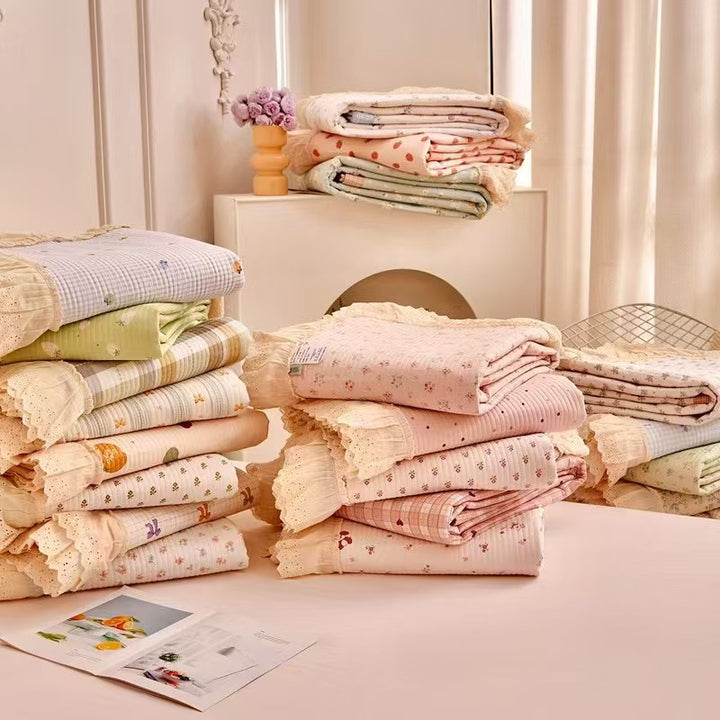 Quilted Floral Reversible Throw Blanket with Eyelet Lace Ruffle