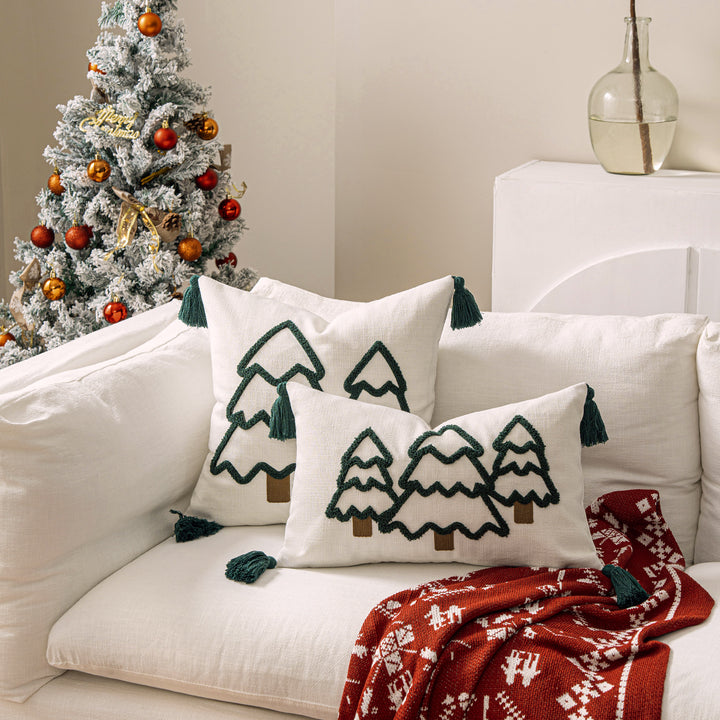 Embroidered Winter Tree Tassel Lumbar Throw Pillow
