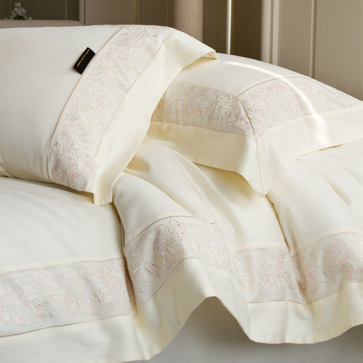 Silky Sateen Duvet Cover Set with Floral Lace Inset and Deep-Pocket Pillow Shams