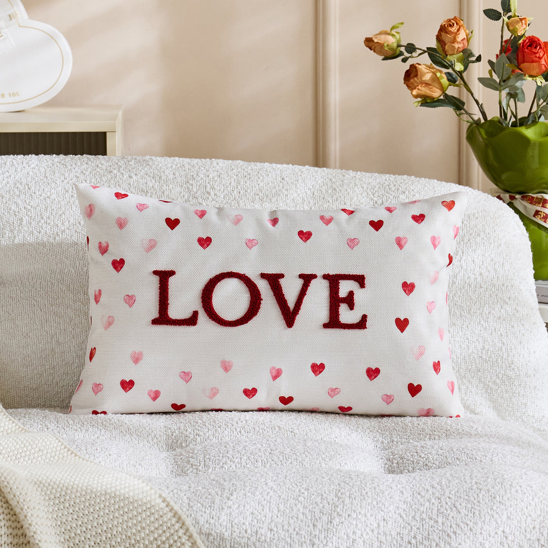 Embroidered Script Love Lumbar Pillow Cover with Tufted Heart