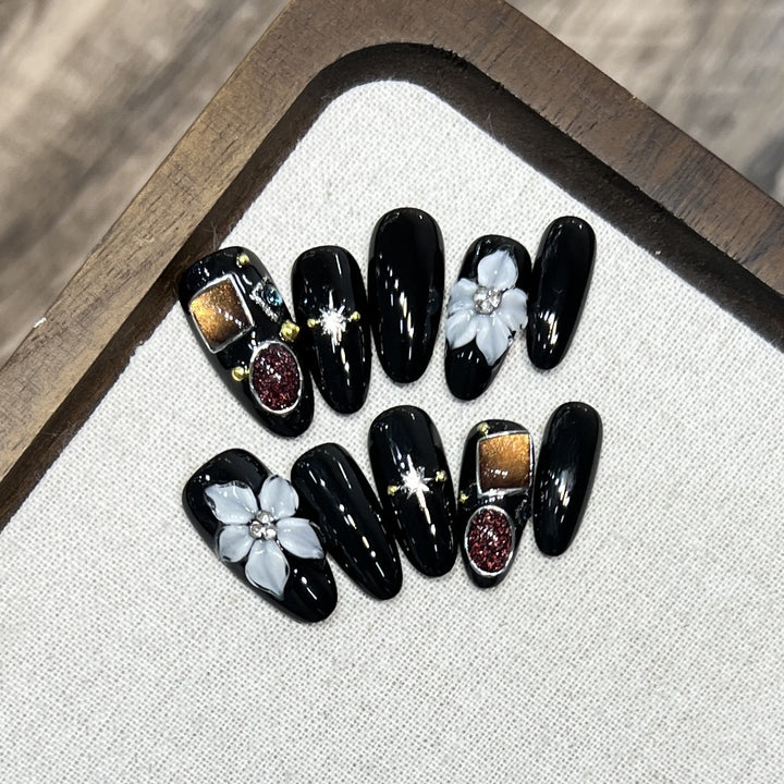 Decorative Press-On Nail Art Set with Floral and Crystal Accents Stornfield