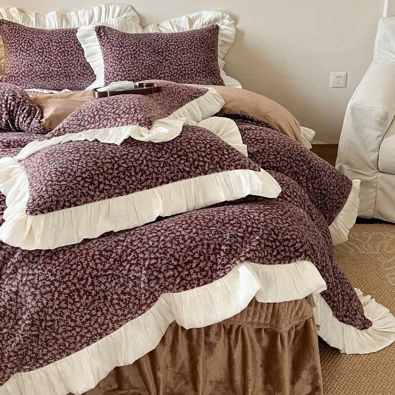 Floral Brushed Cotton Duvet Cover Set with Ruffled Satin Trim