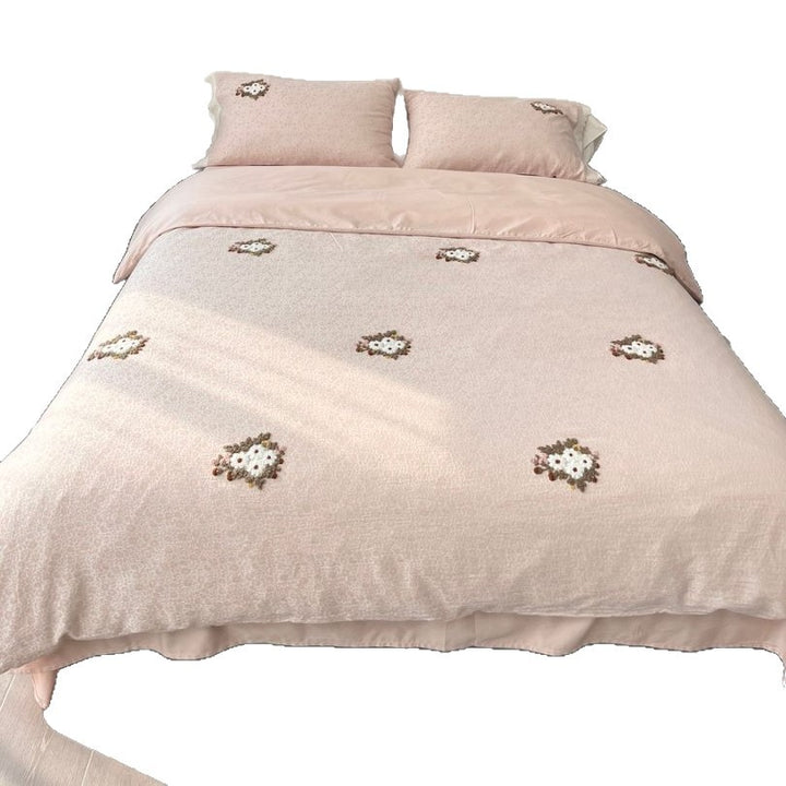 Embroidered Floral Cotton-Sateen Duvet Cover Set with Skirted Fitted Sheet and Matching Pillow Shams
