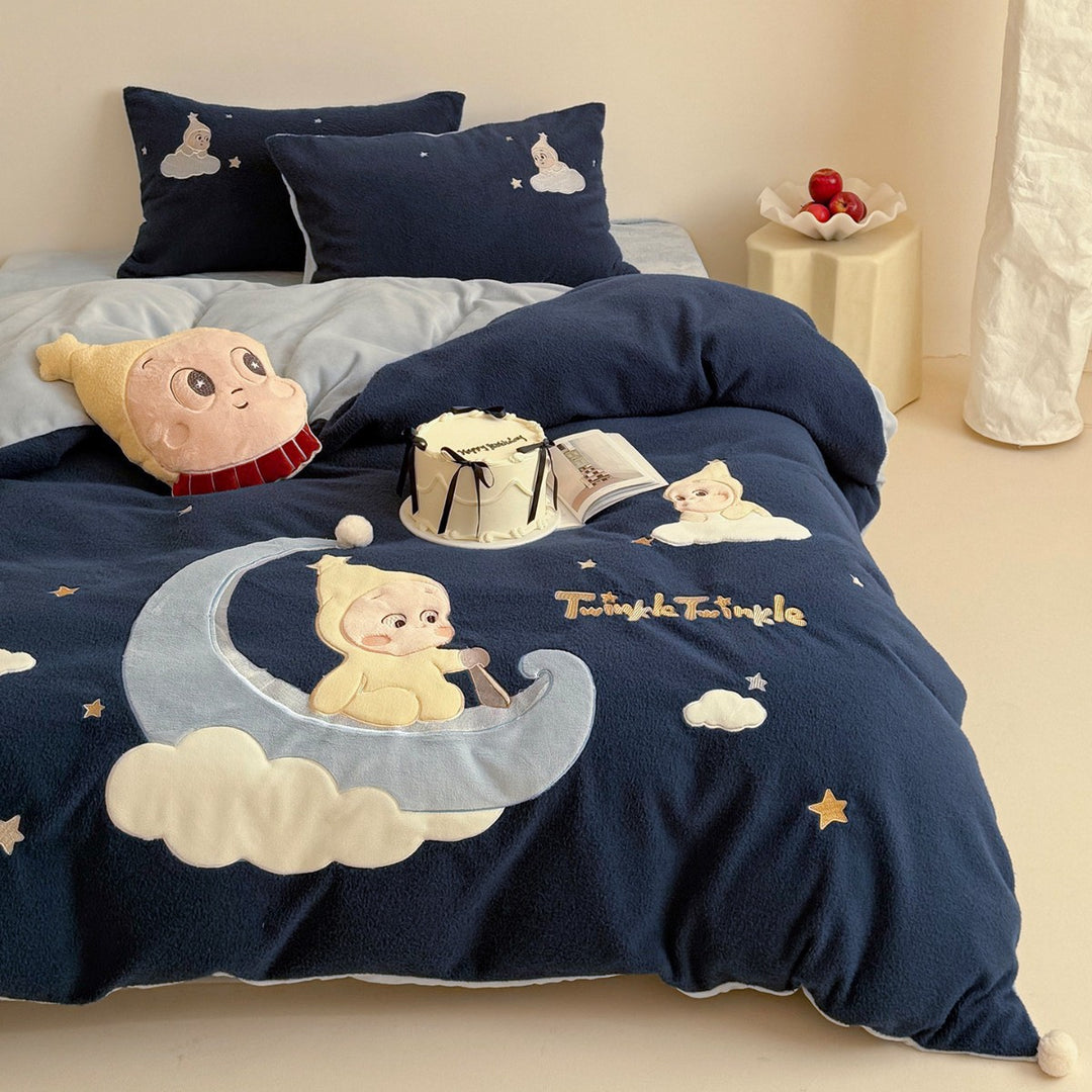 Plush Embroidered Fleece Duvet Cover Set with Moon Baby Appliqué