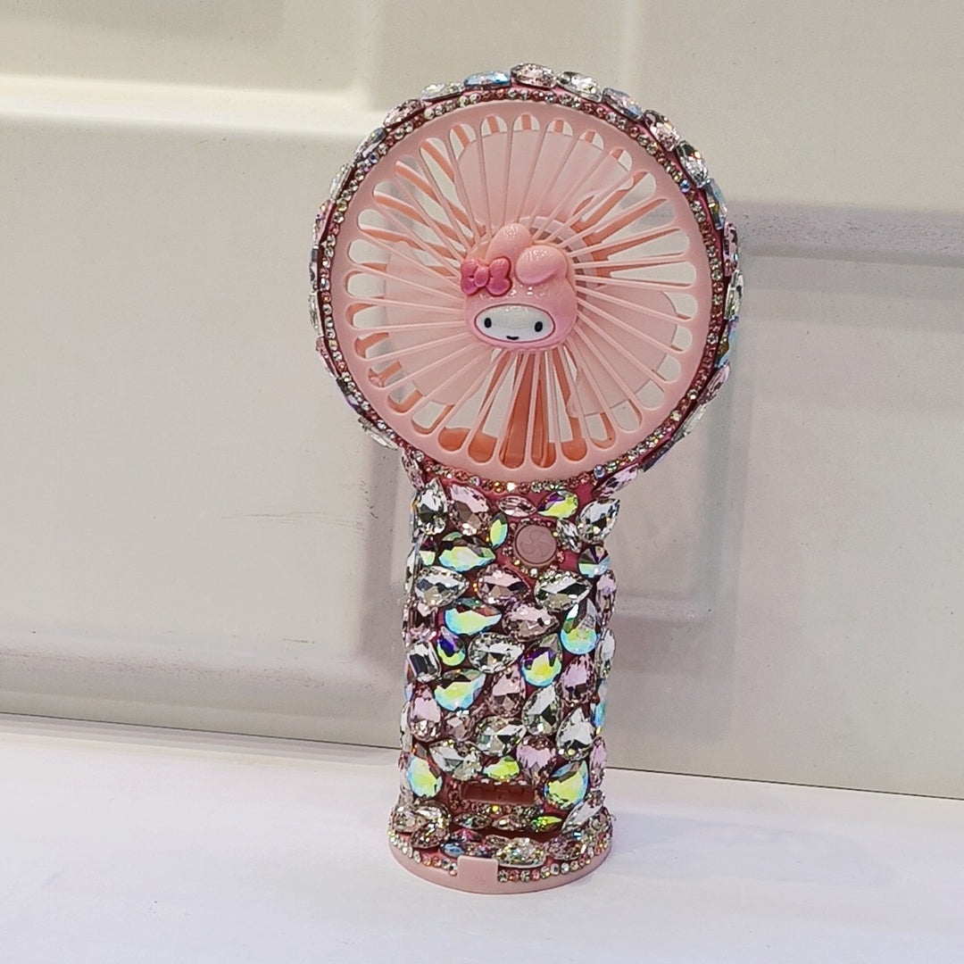 Women's portable hand fan rechargeable with rhinestone accents and cat emblem Stornfield