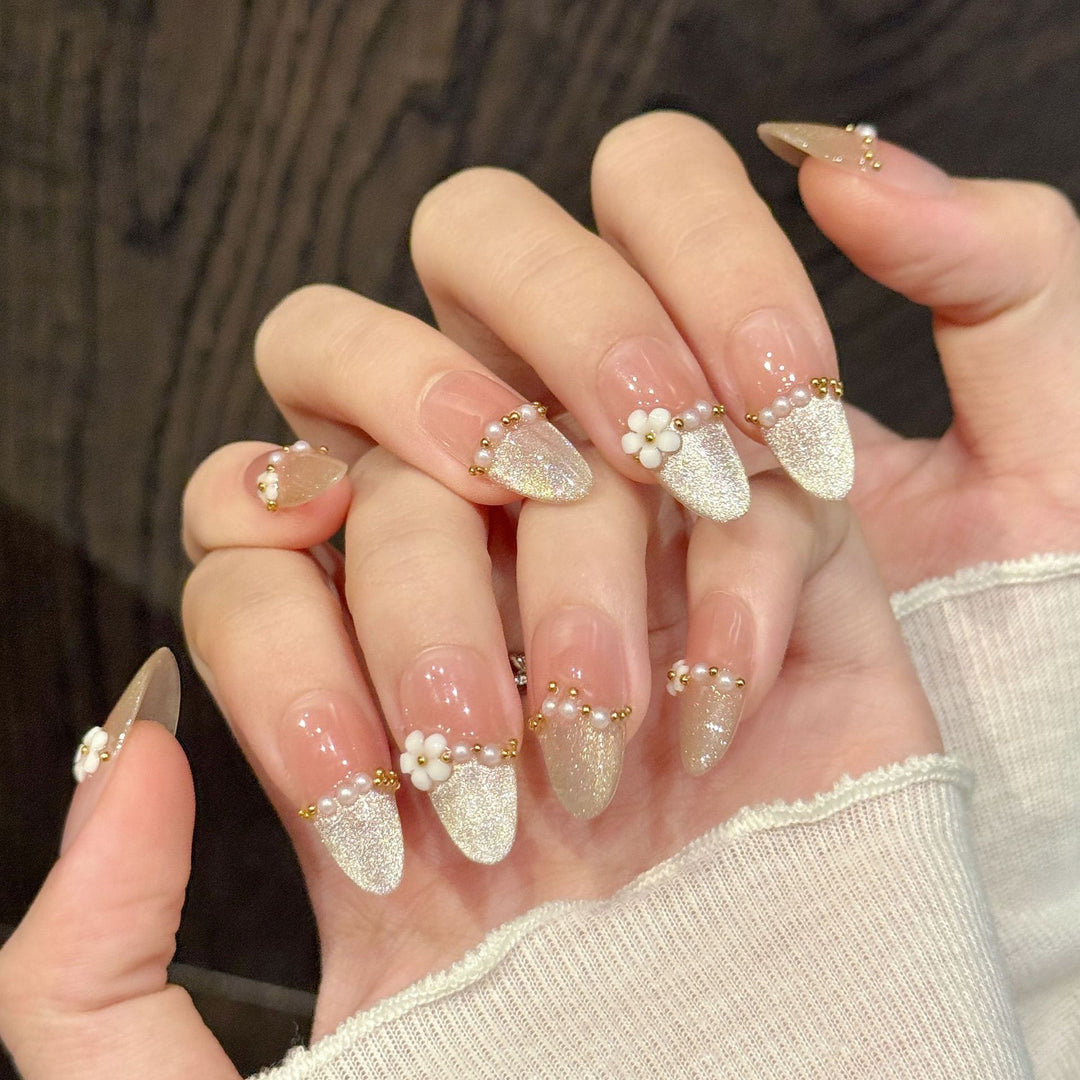 Decorative Glitter Press-On Nails with Floral Accents