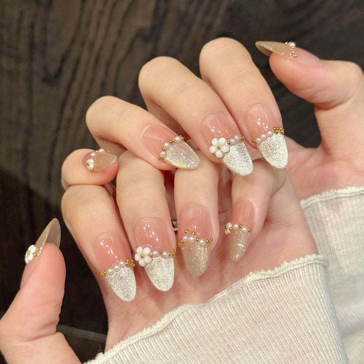 Decorative Glitter Press-On Nails with Floral Accents