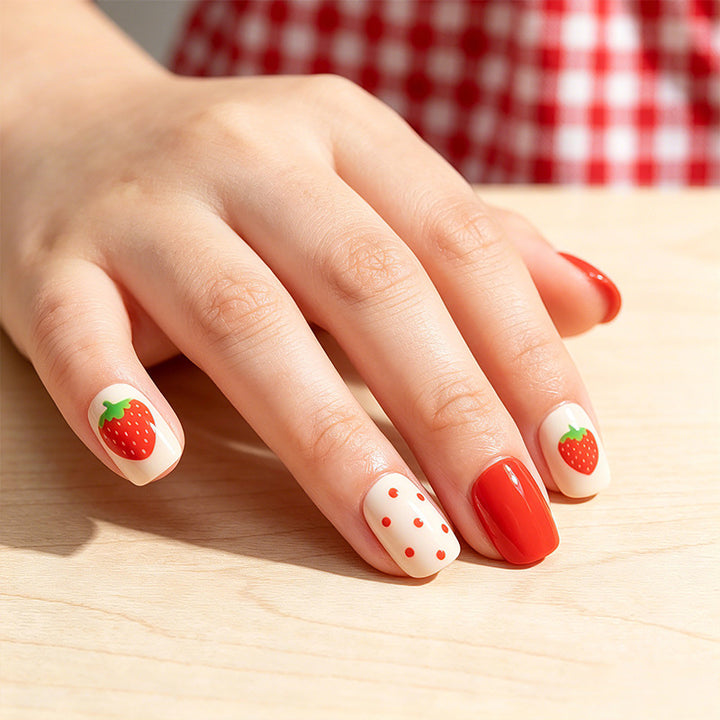 Artificial nail set with cute strawberry and polka dot designs Stornfield
