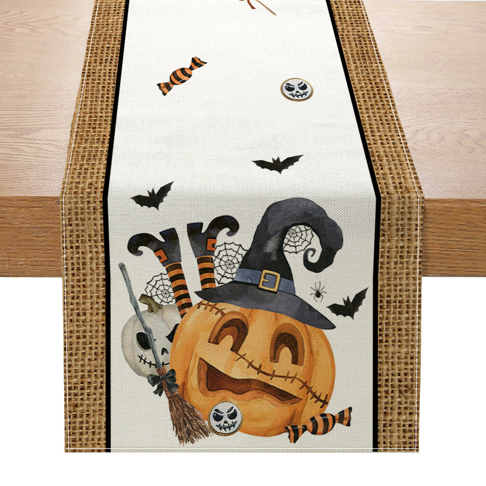 Halloween Cotton-Linen Table Runner with Sitting Cat and Pumpkin Illustration Decorative Border