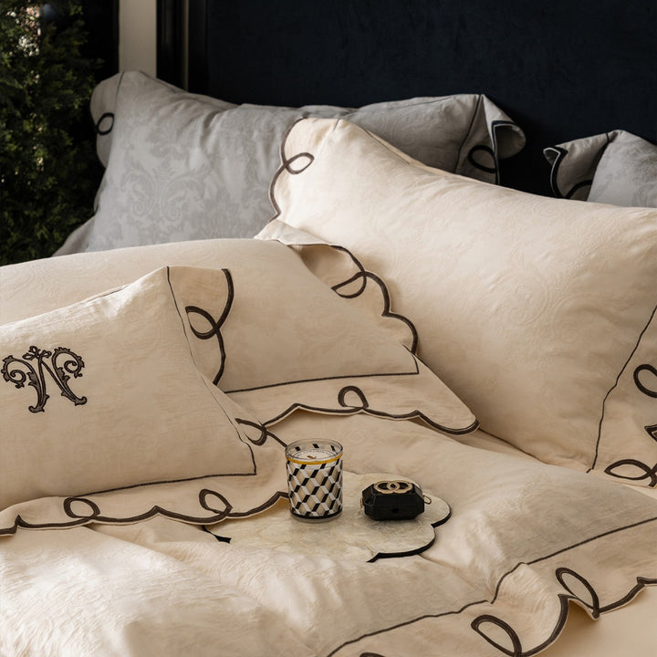 Embroidered Scalloped-Loop Jacquard Duvet Cover Set with Matching Pillow Shams