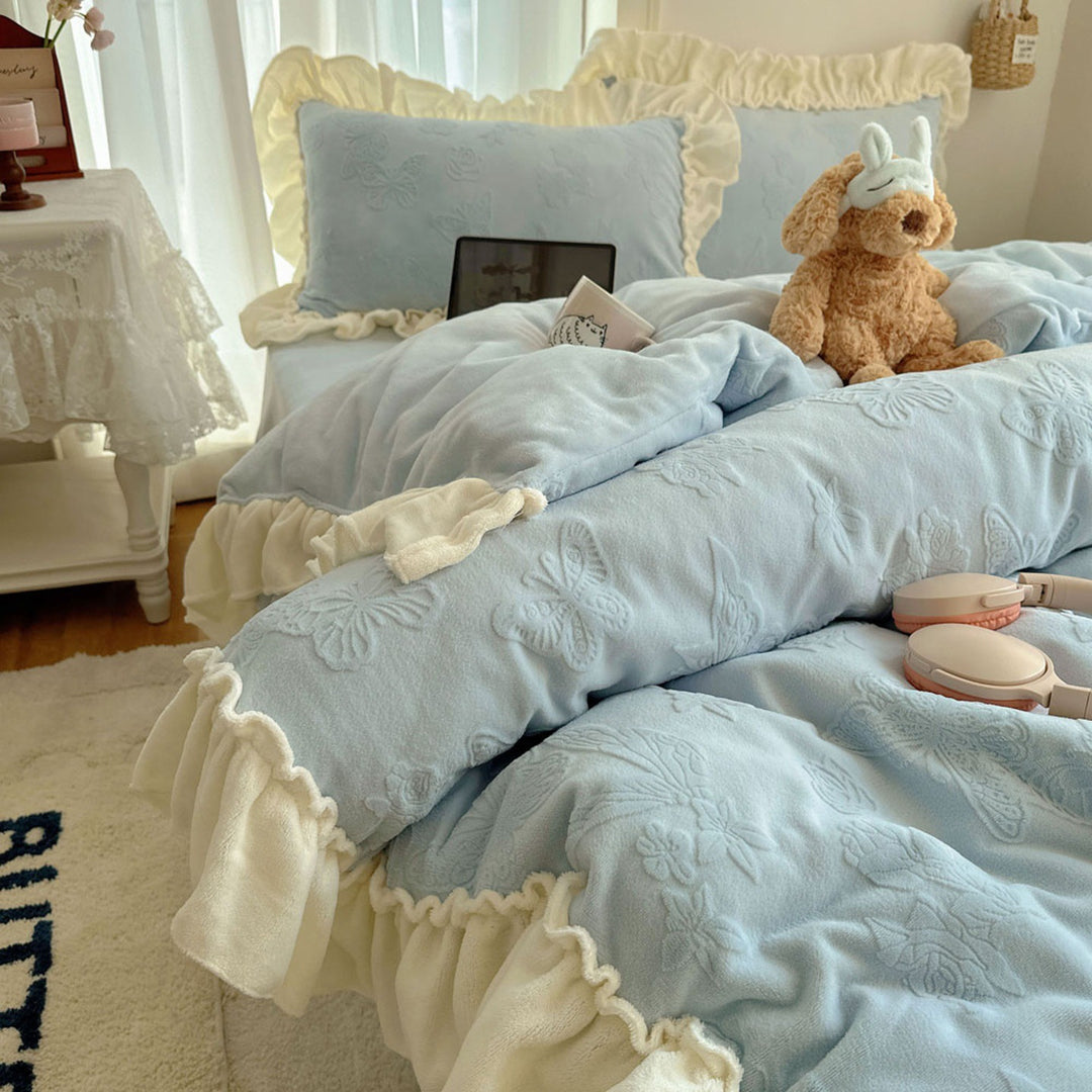 Plush Embroidered Butterfly Microfleece Reversible Comforter with Ruffle Trim
