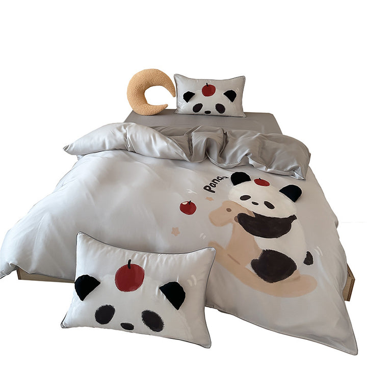Children's bedding made of silk-matte satin with illustrative panda and apple print as well as fine piping