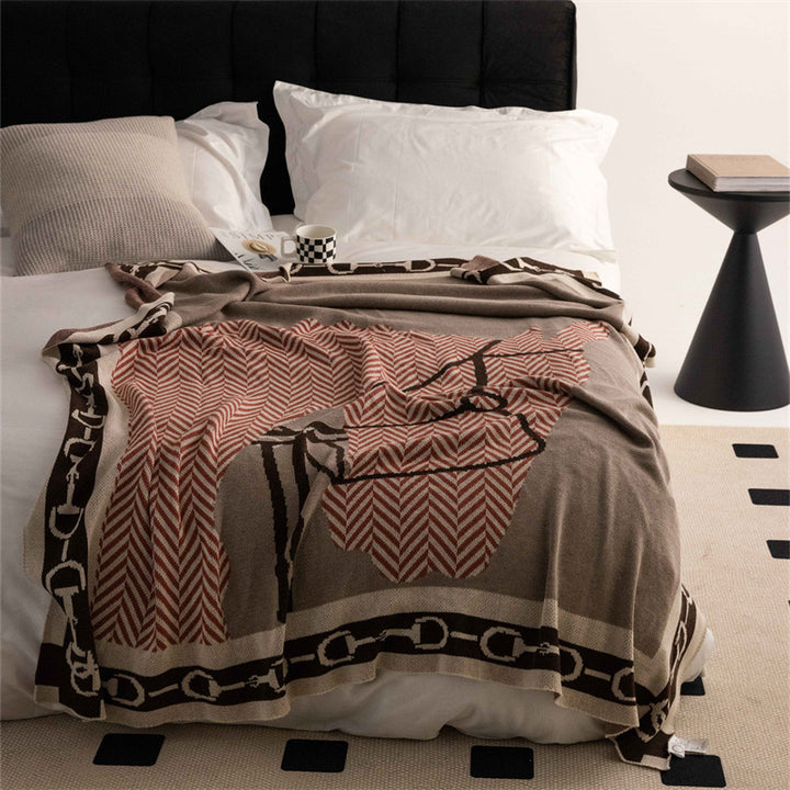 Oversized Jacquard Herringbone Knit Bed Throw with Equestrian Bit Border