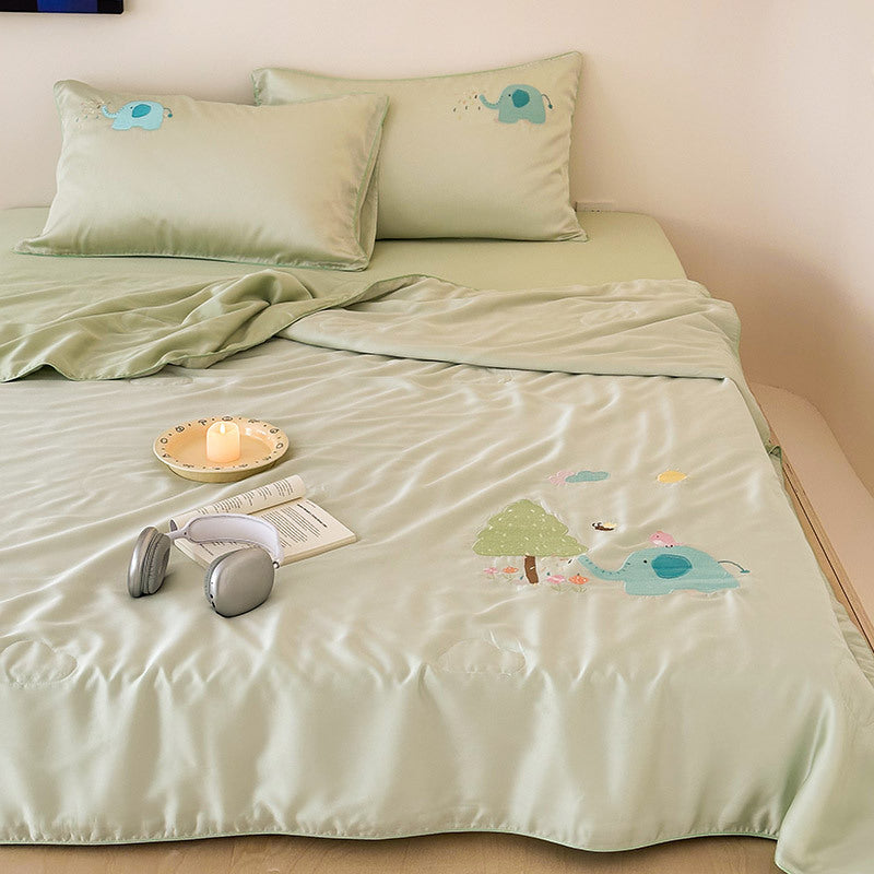 Children's satin bedding set with embroidered bunny moon and silky reversible throw
