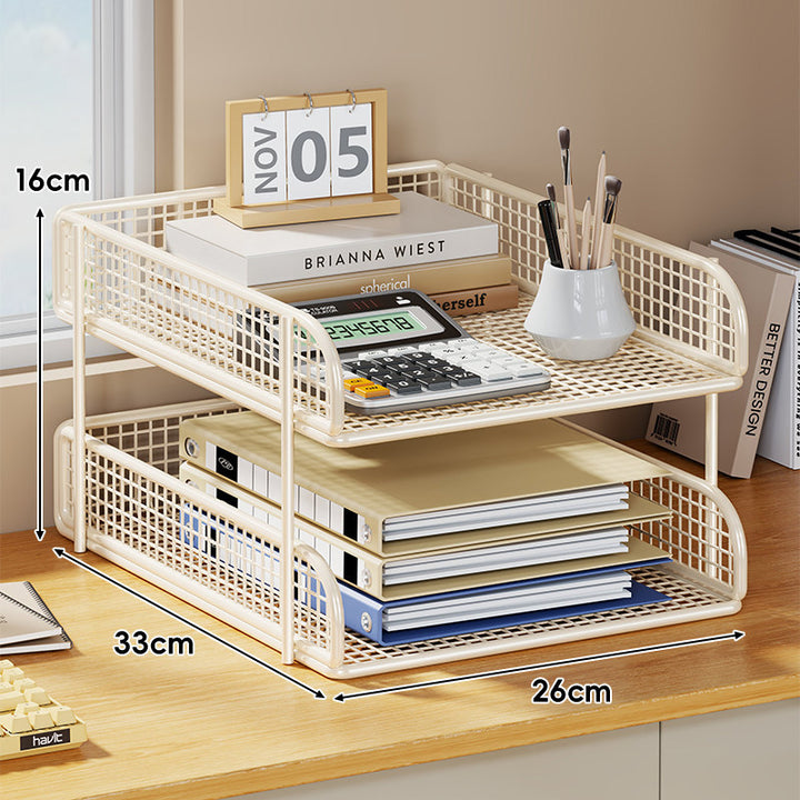 Compact Two-Tier Metal Mesh Desk Letter Tray & File Organizer