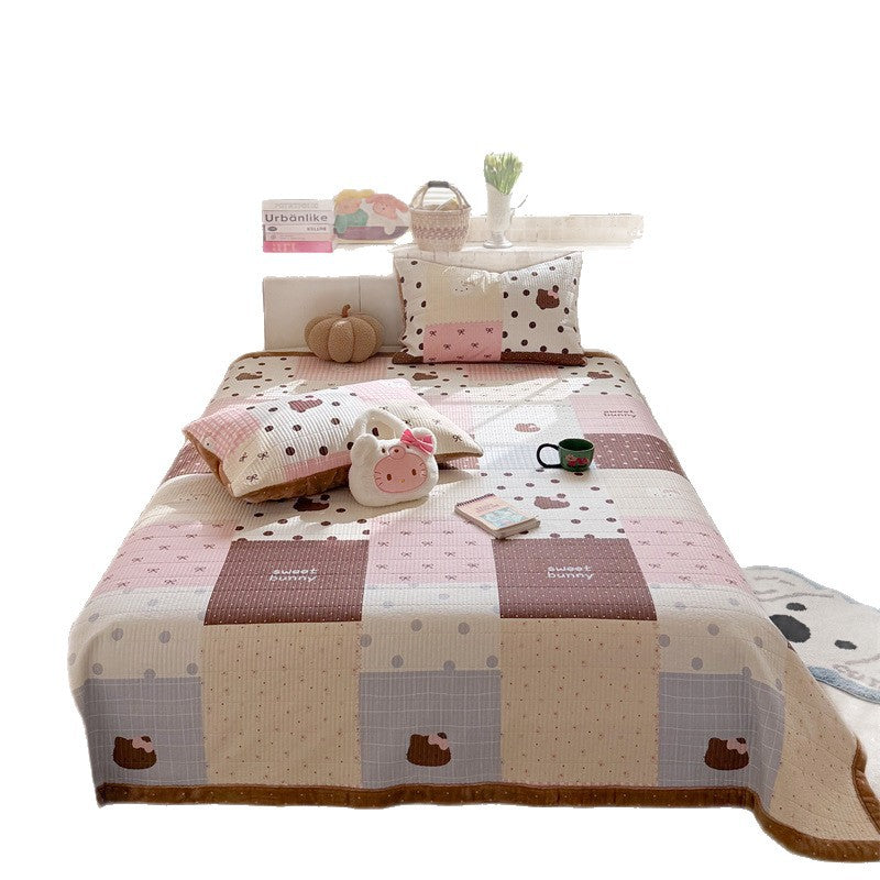 Quilted Cotton Toddler Bed Coverlet Set with Playful Dog and Flower Print and Gingham Trim