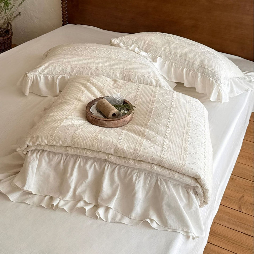Ruffled Quilted Cotton Comforter & Pillow Sham Set