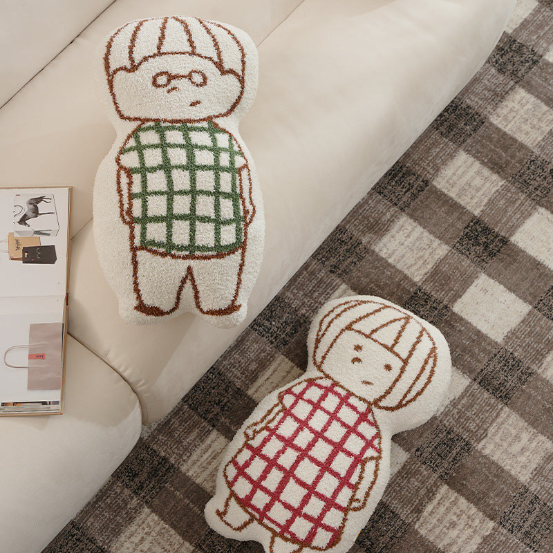 Doll-shaped decorative cushion with chenille texture and checkered embroidery