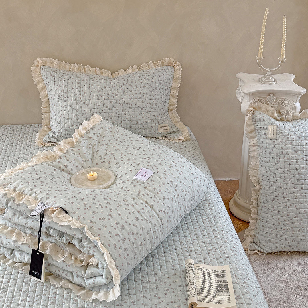 Quilted Floral Ruffled Bedding Set with Eyelet Lace Trim