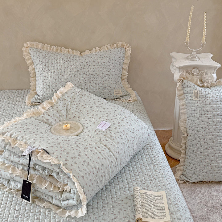 Quilted Floral Ruffled Bedding Set with Eyelet Lace Trim
