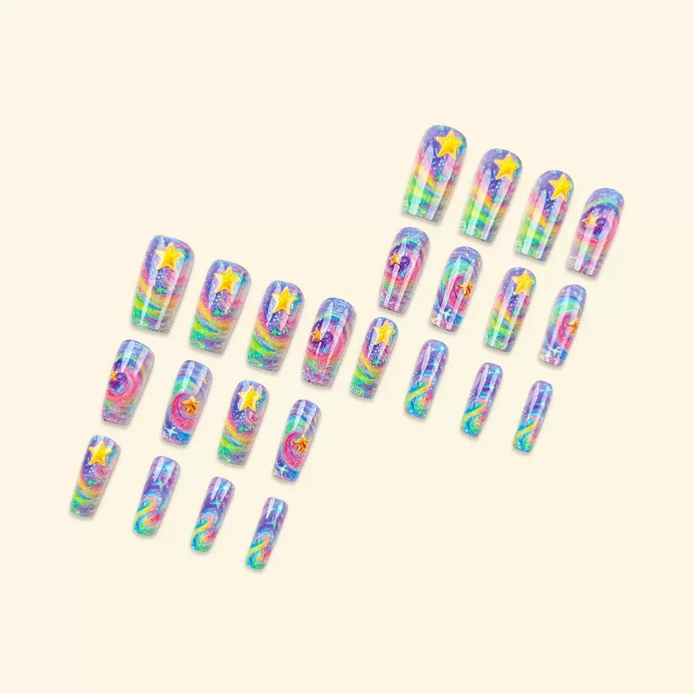 Glittering artificial nail set with colorful spiral design and star accents Stornfield