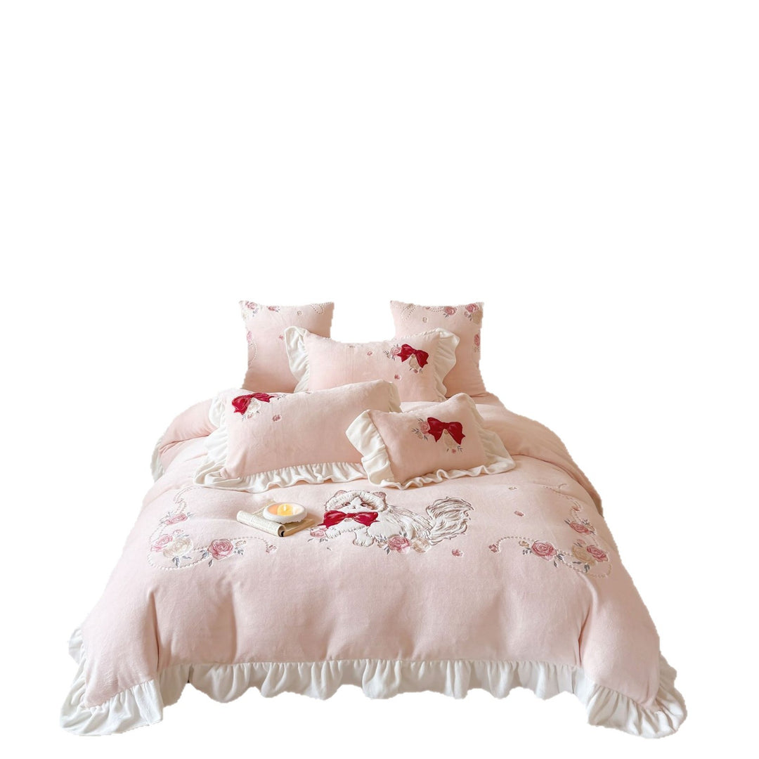 Embroidered Dog & Bow Ruffled Duvet Cover Set with Scalloped Ruffle Skirt and Decorative Pillow Shams