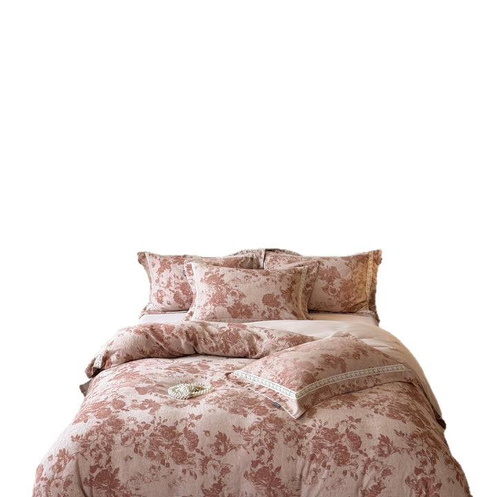 Romantic bedding set made of linen-cotton blend with frill and floral jacquard structure
