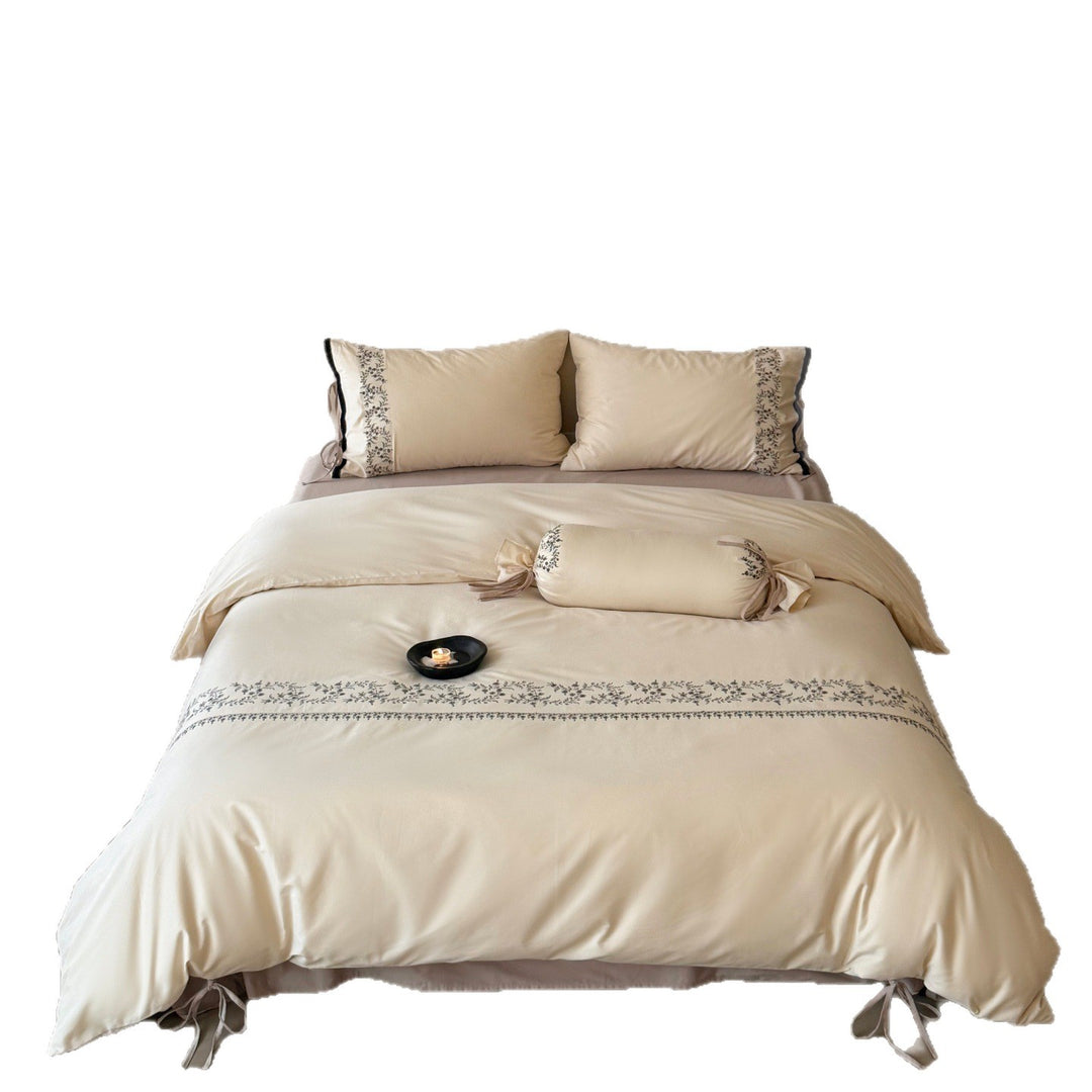 Embroidered Cotton Sateen Duvet Cover Set with Tie-Sham and Decorative Bolster