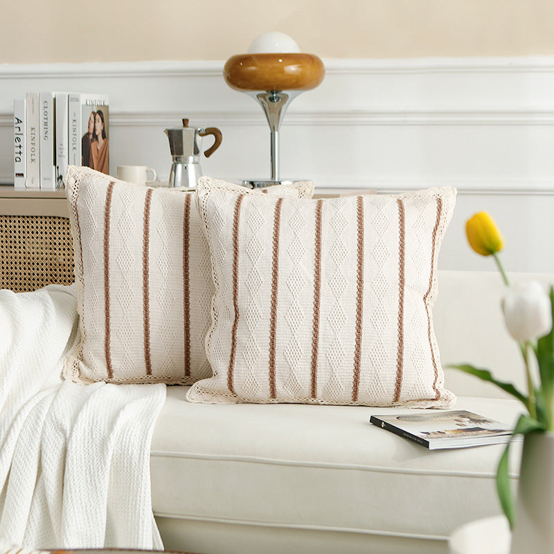 Decorative cushion cover made of cotton-linen with crocheted edge and textured stripes Stornfield