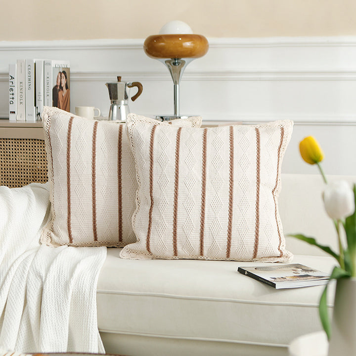 Decorative cushion cover made of cotton-linen with crocheted edge and textured stripes Stornfield
